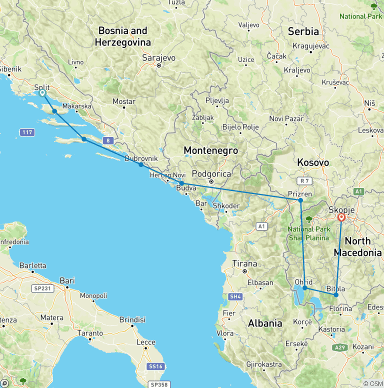 Map of Split to Skopje Real Food Adventure