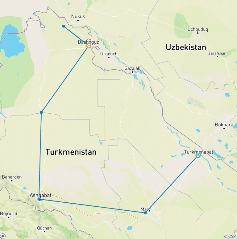 Map of Central Asia Tour - Turkmenistan Part from and to Uzbekistan