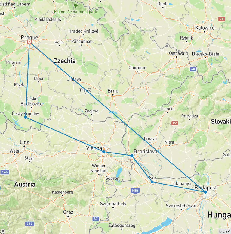 Map of Classic Central Europe – Prague • Vienna • Bratislava • Budapest