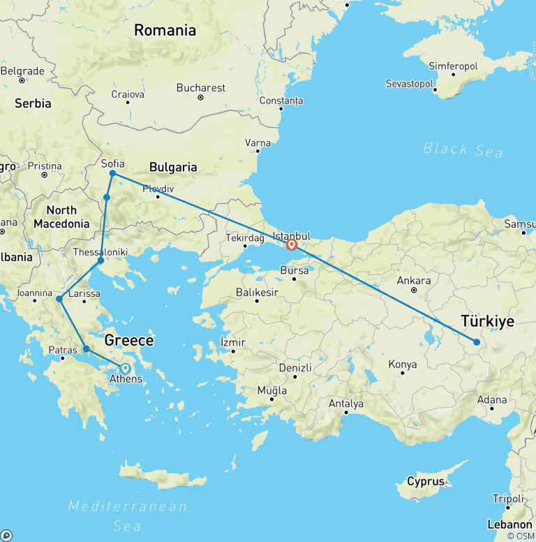 Map of All About Greece from Athens to Istanbul and Cappadocia via Sofia 3 FLIGHTS INCLUDED - Small Group Tour