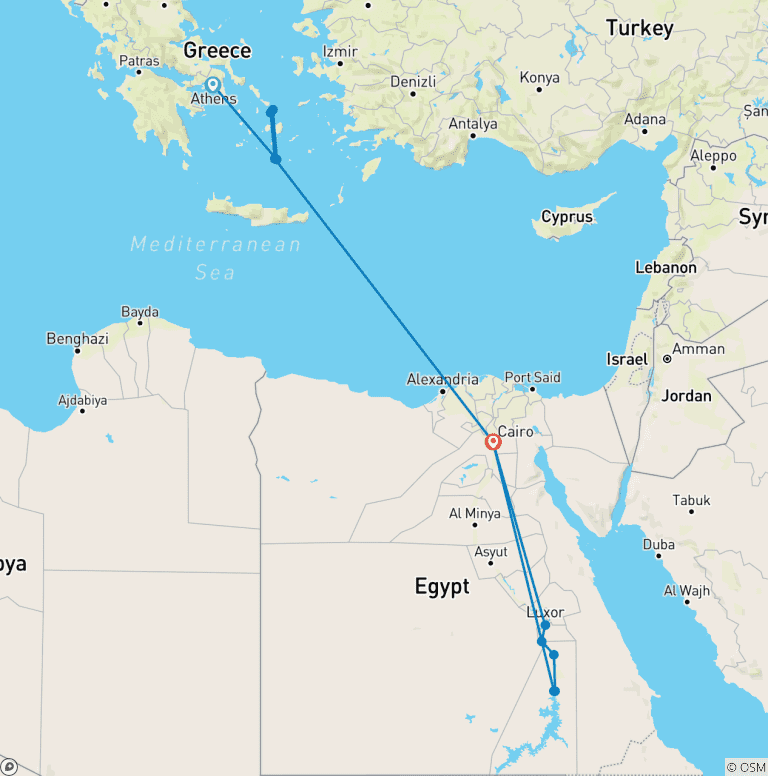 Map of 14 Days in Athens, Mykonos, Santorini, Cairo & Nile Cruise.