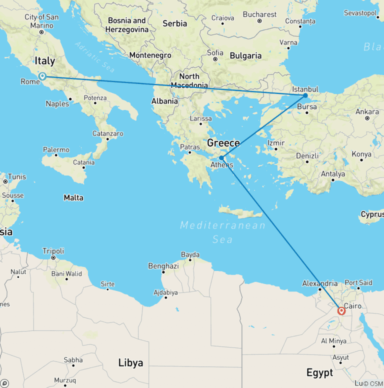 Map of 14 Days Rome, Istanbul, Athens & Cairo.
