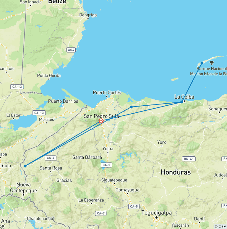 Map of Honduras Exploration 14Days/13Nights