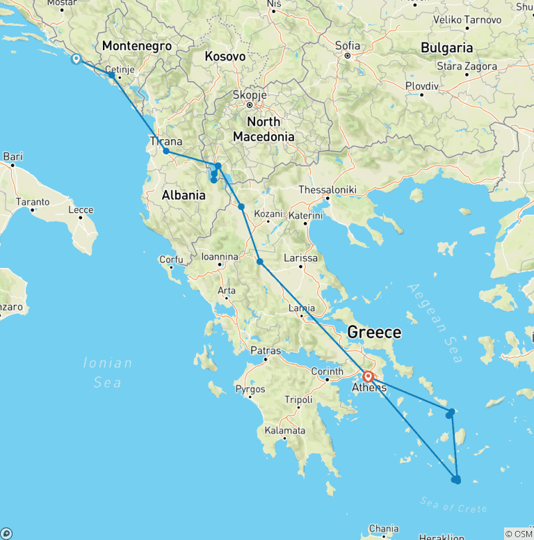 Map of Dubrovnik to Athens & Mykonos-Santorini  Flight included- Small Group Tour