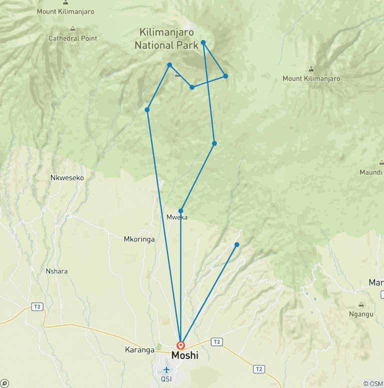 Map of Kilimanjaro Hiking Via Umbwe Route & Materuni Day Tour