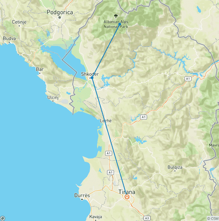 Map of Semi – Private Hiking Tour; Theth & Blue Eye in 3 Days