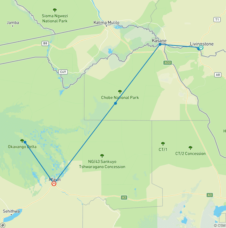 Map of Livingstone Adventures & Okavango Delta–Chobe Safari Experience – 7 Days