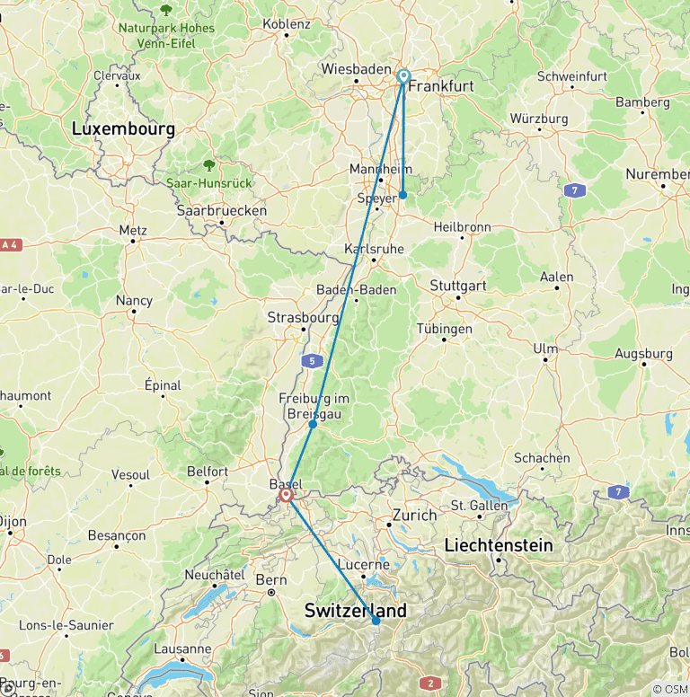 Map of Frankfurt, Freiburg and Basel in a Week