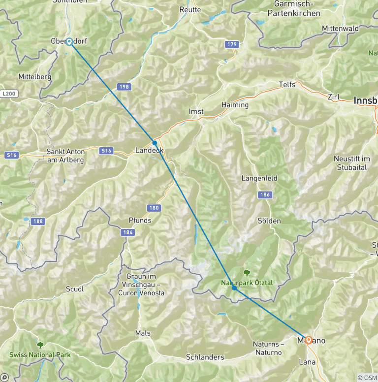 Map of Individual crossing of the Alps on the E5 from Oberstdorf to Merano