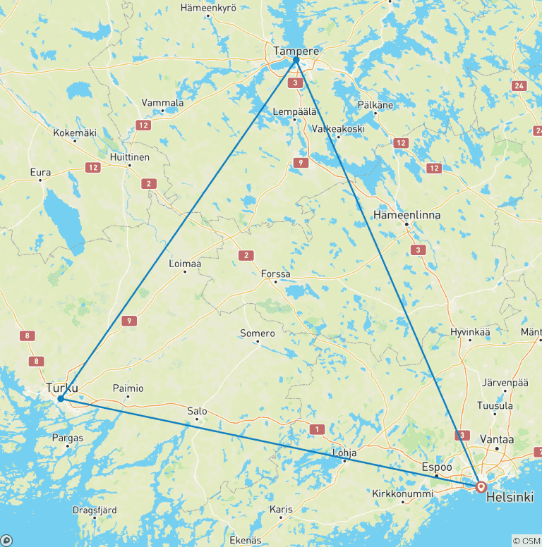 Map of Helsinki - Turku - Tampere by Rail