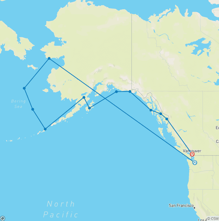 Map of Alaska and British Columbia—Inside Passage, Bears and Aleutian Islands (Southbound) (MS Roald Amundsen)