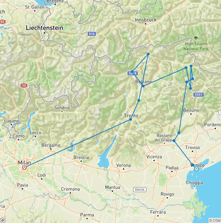 Map of Discovery of Dolomites, Veneto & Trento - 7 Days