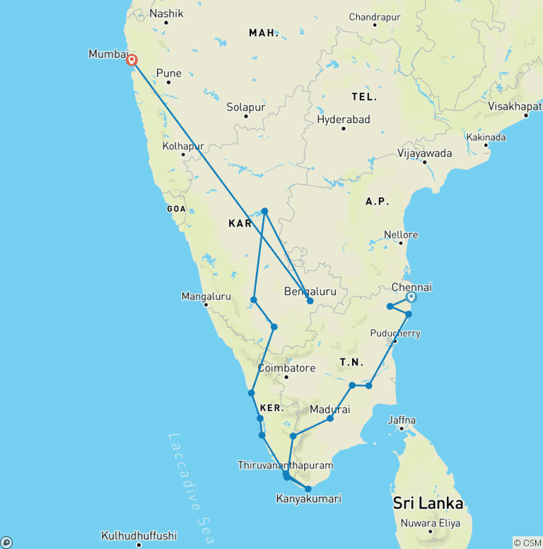 Map of Adventure Tours South India