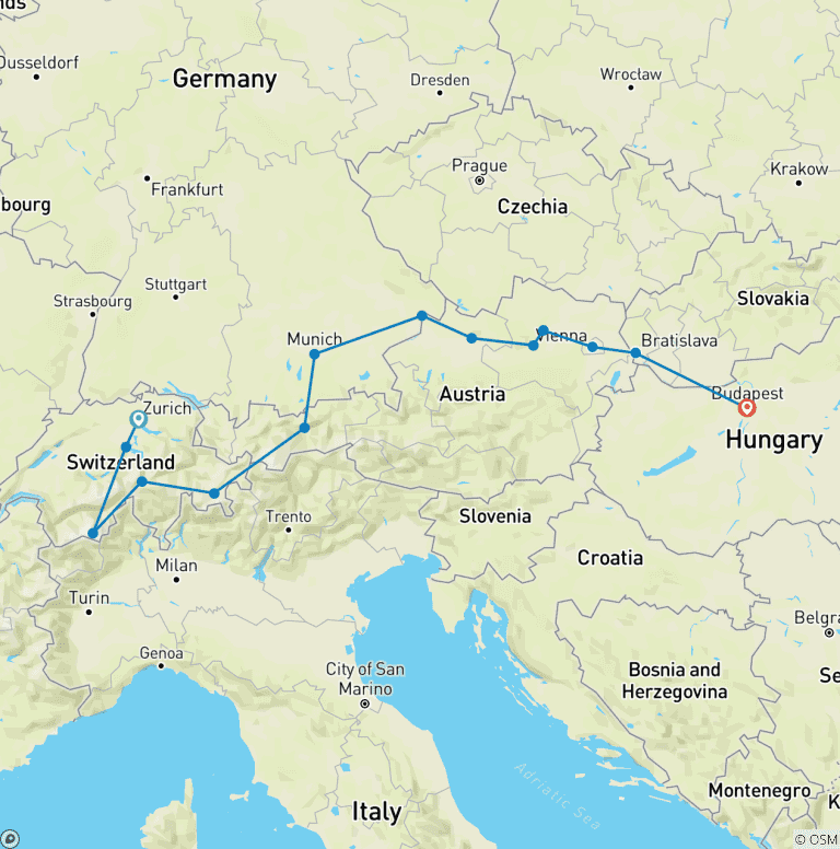 Map of Alpine Discovery and Highlights of the Danube Zurich → Budapest (2025)