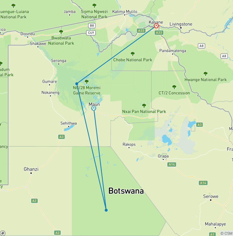Map of Central Kalahari Game Reserve and Okavango Delta Exploration 7 Days /6Nights