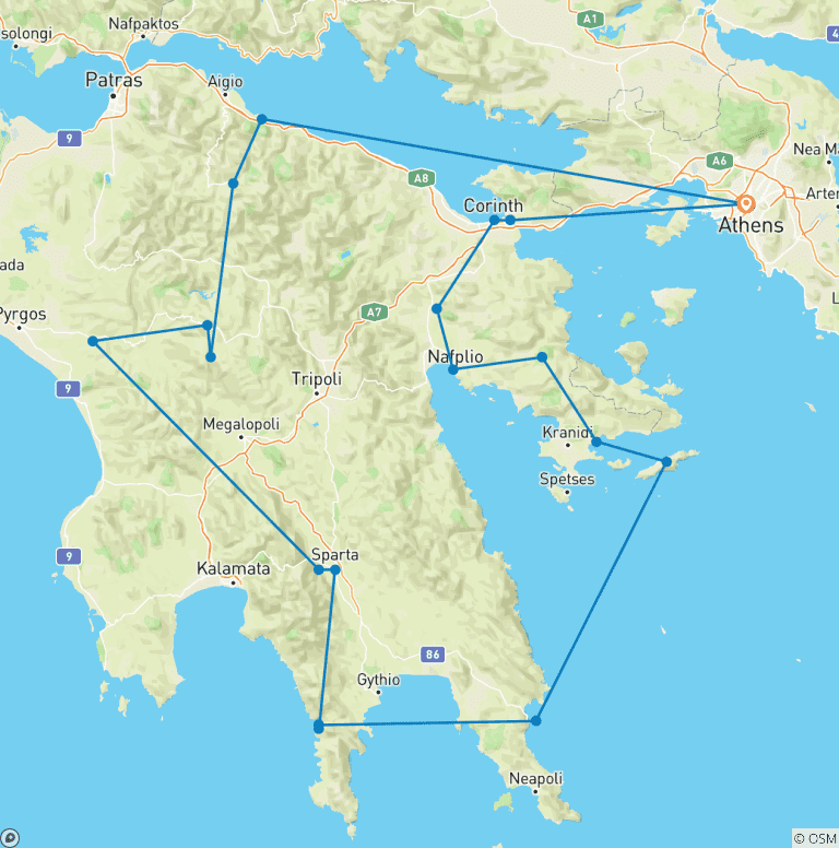 Map of 6-Day Private Tour of Mythical Peloponnese: Corinth, Mycenae, Nafplio, Hydra Island, Monemvasia, Mani, Sparta, Mystras, Olympia, Arcadia
