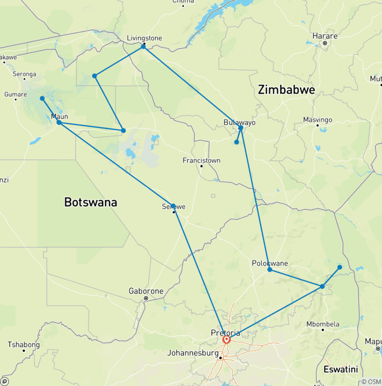 Map of Kruger, Delta, Chobe & Falls - 14 days