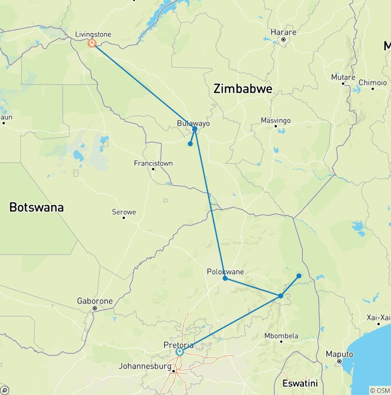 Map of Kruger & Matobo Rhino Encounter - 7 Days