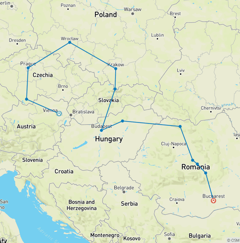 Map of Journey through Central Europe & Romania