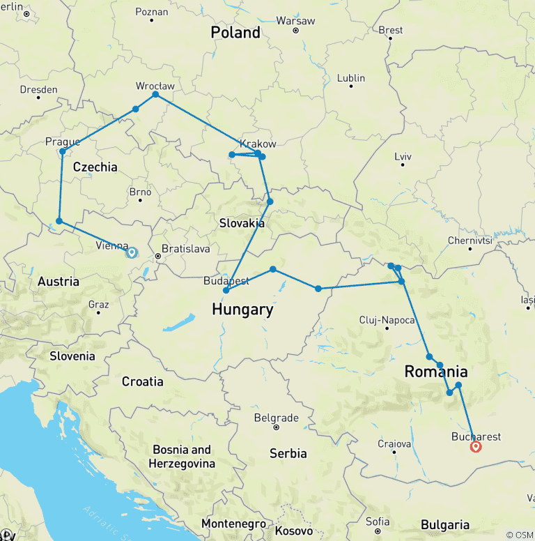 Map of Journey through Central Europe & Romania