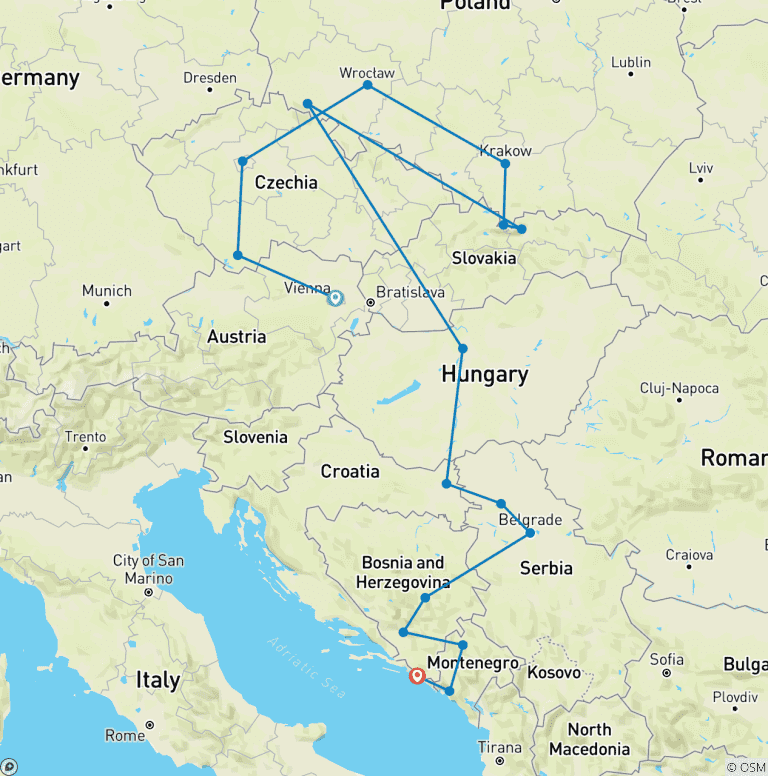 Map of Vienna to Dubrovnik (17 destinations)
