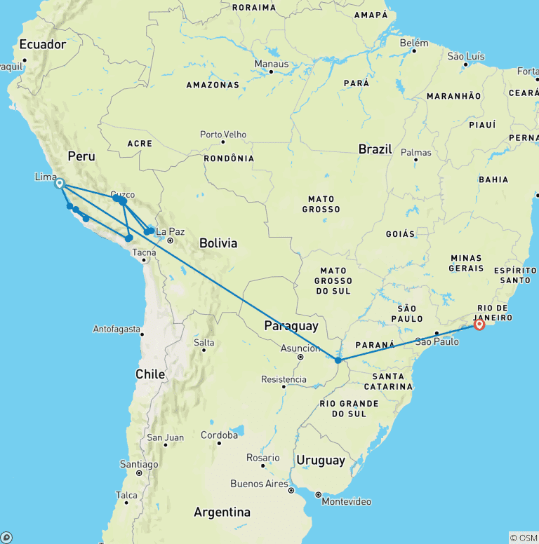 Map of Best of Peru, Argentina & Brazil (from Lima to Rio de Janeiro)