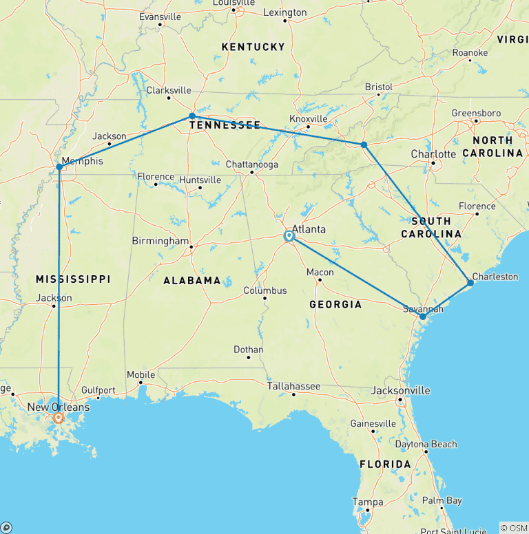 Map of Best of the South: Atlanta to New Orleans