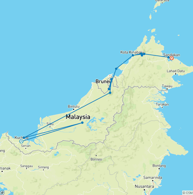 Map of Best of Borneo (from Kuching to Sandakan)