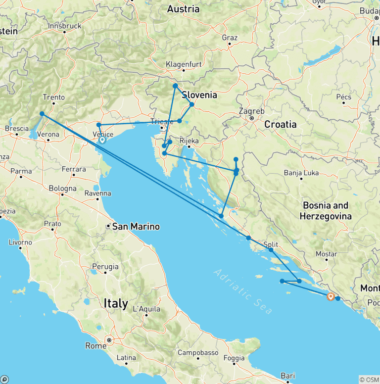Map of Premium Venice to Dubrovnik (from Venice to Elaphiti Islands)