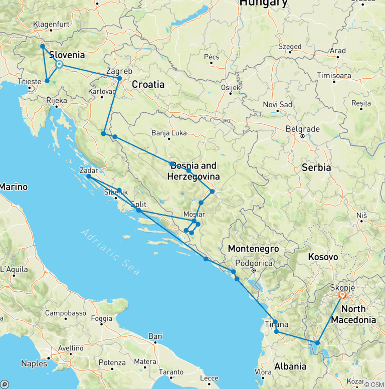Map of 15 Days Private Balkan Tour -Slovenia Croatia Bosnia Montenegro Albania N. Macedonia