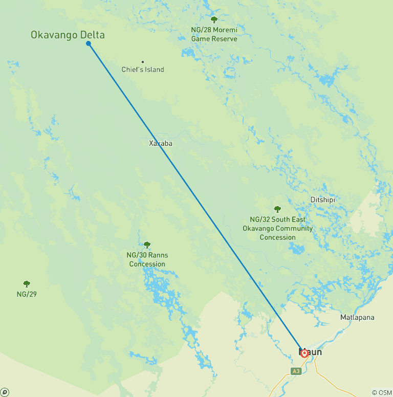 Map of 7-Day Game Drive, Boat, and Safari Walks Experience, Botswana