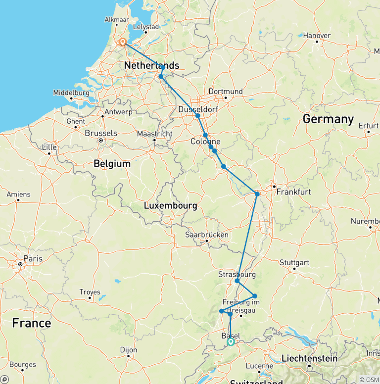 Map of From Basel to Amsterdam : The Treasures of the Celebrated Rhine River (port-to-port cruise)
