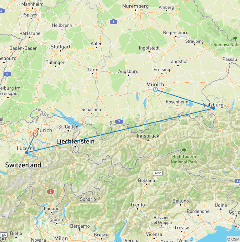 Map of Germany and Switzerland in a week (Covering Munich, Lucerne and Zurich)