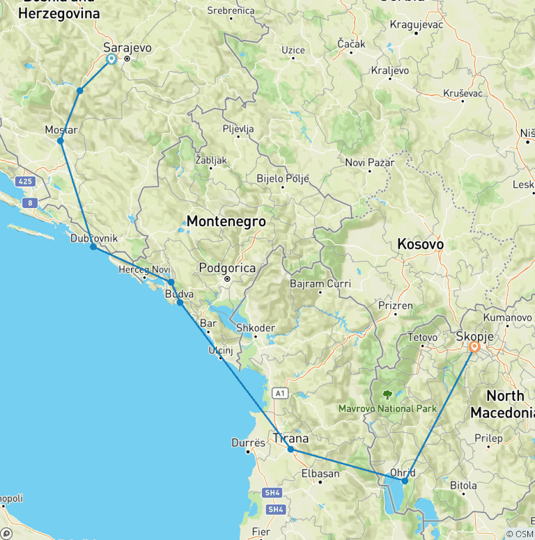 Map of 5 Countries in 7 Days Balkan Tour: Bosnia - Croatia - Montenegro - Albania - N. Macedonia