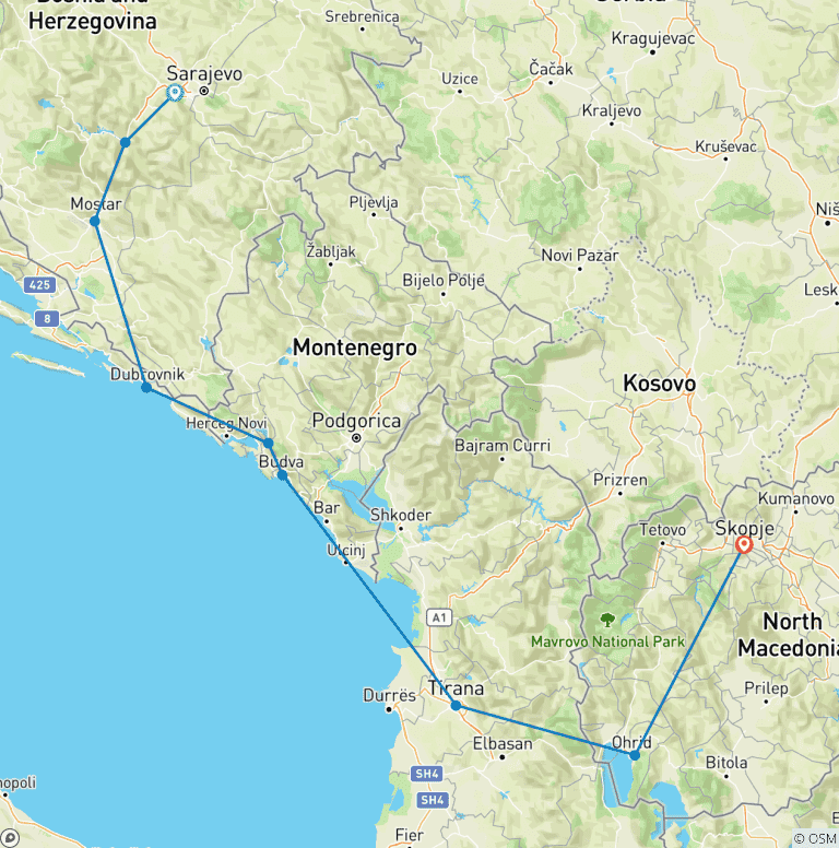 Map of Balkan Tour: 5 Countries in 7 Days Bosnia - Croatia - Montenegro - Albania - N. Macedonia