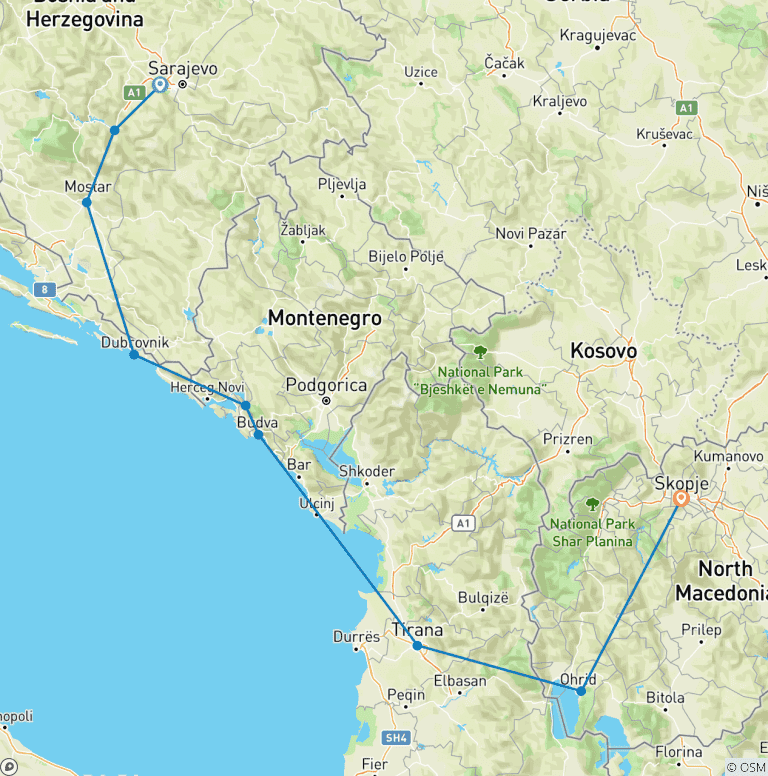 Map of 5 Countries in 7 Days Balkan Tour: Bosnia - Croatia - Montenegro - Albania - N. Macedonia