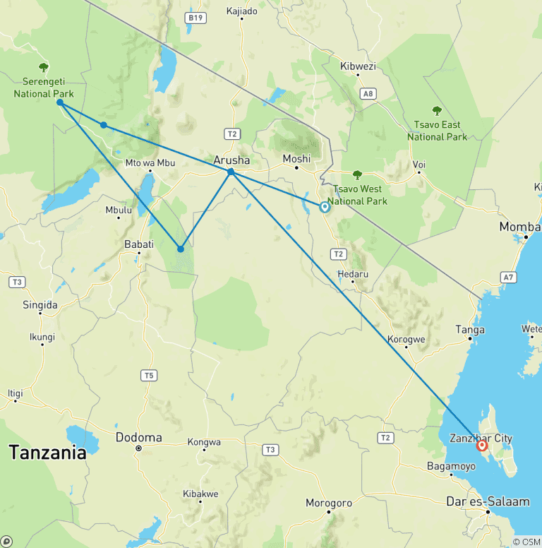Map of 12 Days Honeymoon Tanzania and Zanzibar