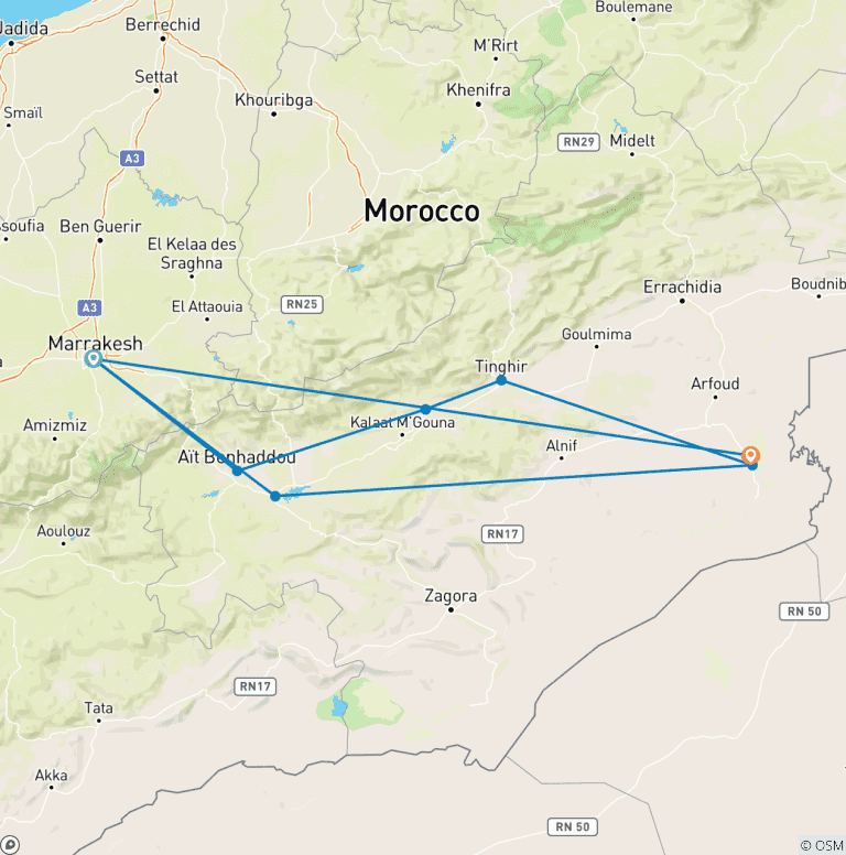 Map of From Marrakech 3-Day Merzouga and Sahara Desert Tour