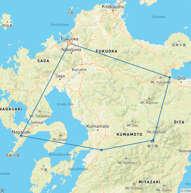 Map of 7 Days Best of Kyushu Classic Tour  (private guide & driver）Customizable