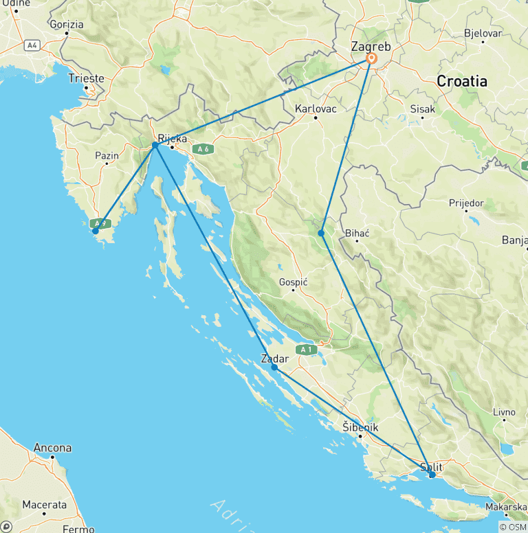 Map of Winter in Croatia featuring Plitvice Lakes and the Adriatic Coast (2025)