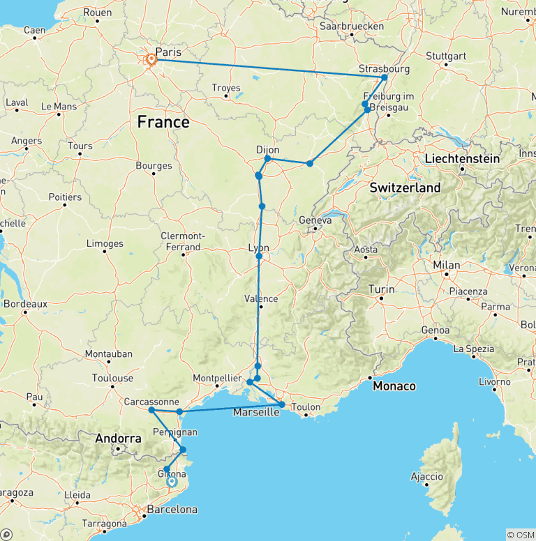 Map of Catalonia, south of France, Burgundy and Alsace
