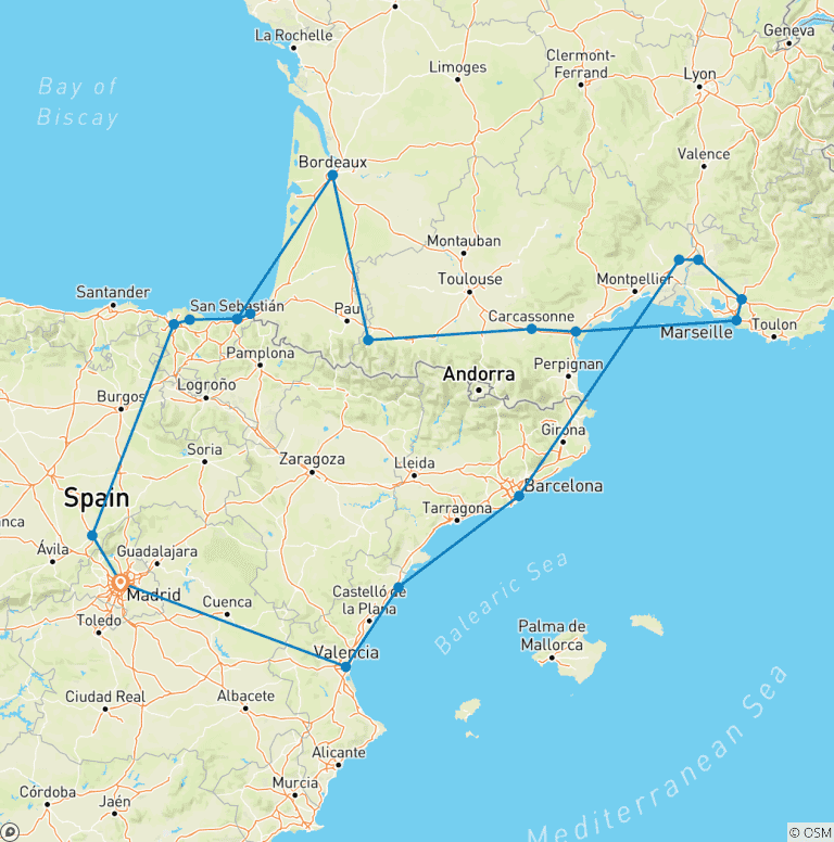 Map of Basque Country, Lourdes, Provence and Barcelona