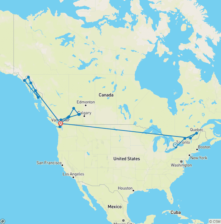 Map of Eastern Canada, Rockies Odyssey and Alaska Cruise Toronto → Vancouver (2025)