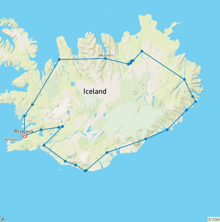 Map of 7-Day Small Group Journey Around Iceland