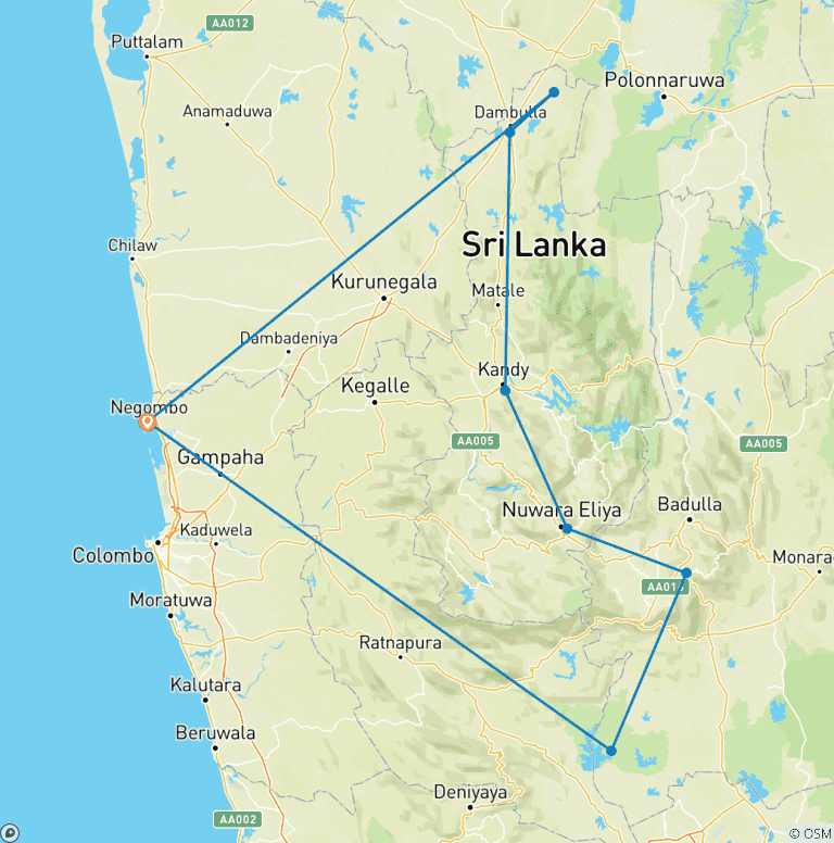 Map of 03 Days Tour to Sigiriya, Kandy, Nuwara Eliya, Ella & Udawalawe