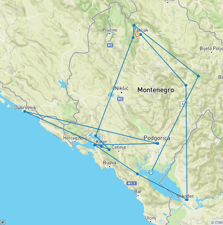 Map of Best of Montenegro - Self-Guided Multiactivity Adventure inc. hiking, cycling, rafting, kayaking
