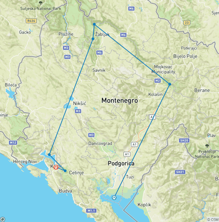 Map of Best of Montenegro - Self-Guided Multiactivity Adventure inc. hiking, cycling, rafting, kayaking