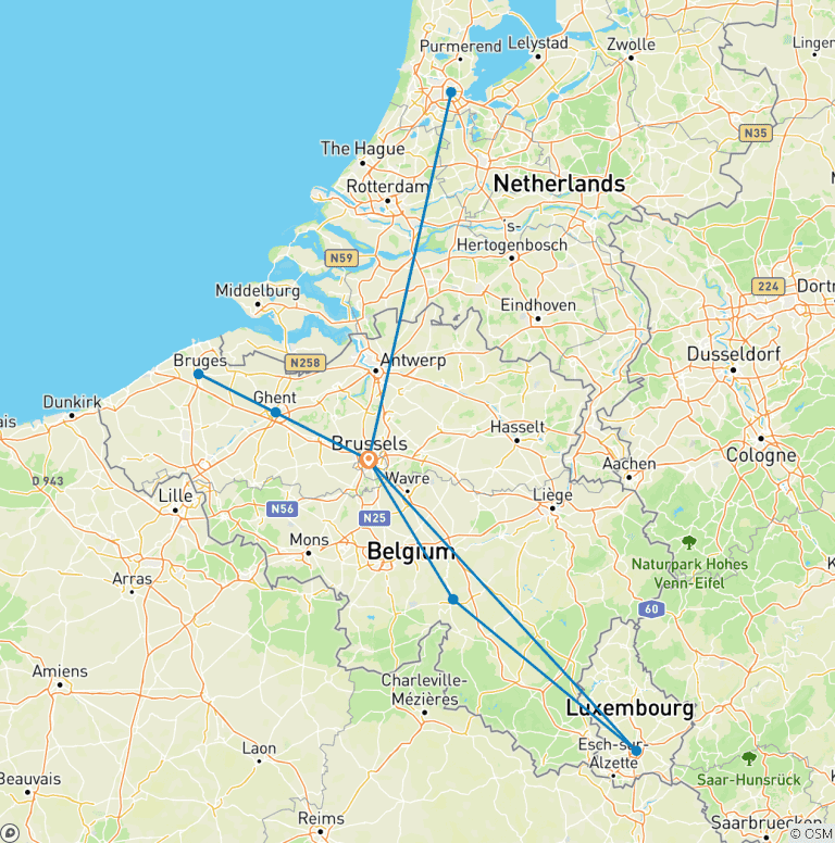 Map of 6 Day Belgium including Brussels, Luxemburg, and Amsterdam