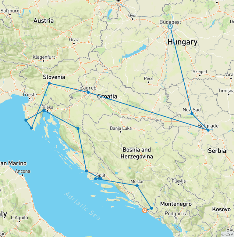 Map of Budapest & Balkans - 15 days