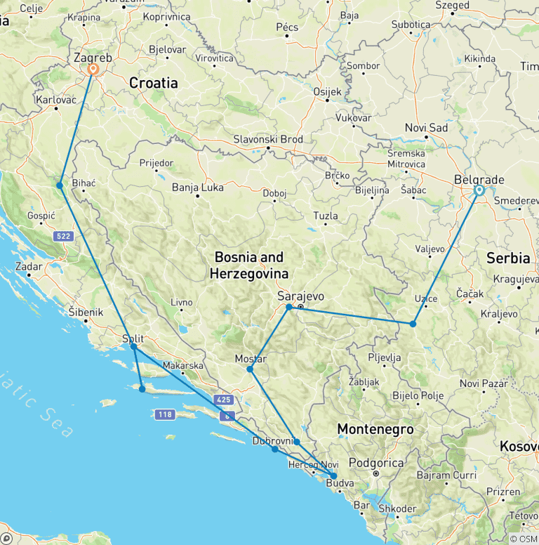 Map of Belgrade to Zagreb - 12 days